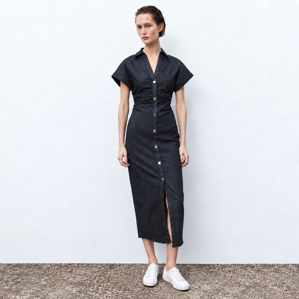 new Zara L Dark Wash Denim Button Front Midi Dress Short Sleeve Front Slit